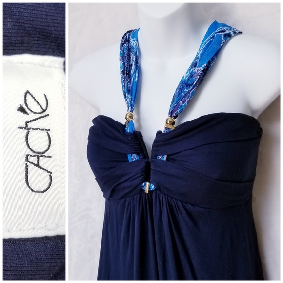 Cache Dresses & Skirts - CACHE Navy Strapless Halter Maxi Dress Gold Detail